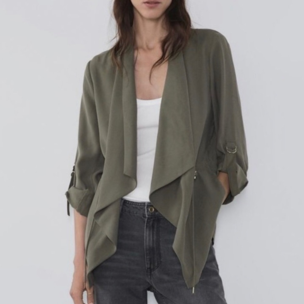 ZARA Olive Green Flowy Drawstring Jacket
